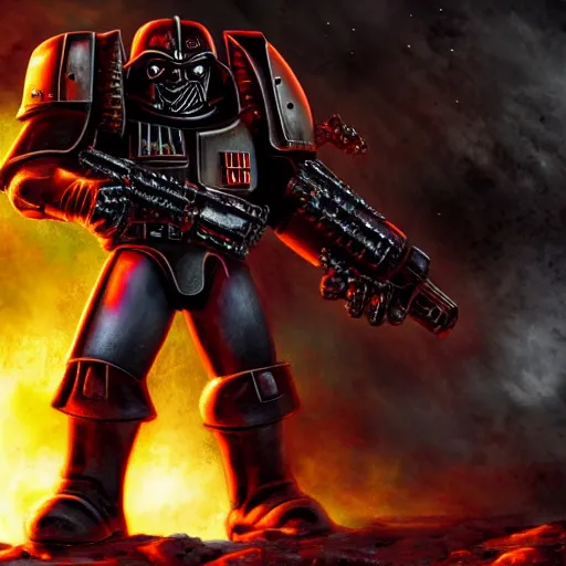 Prompt: space marine from warhammer 40000 in the style of Darth Vader from star wars, realism, against the background of the battlefield, depth of field, focus on darth vader,