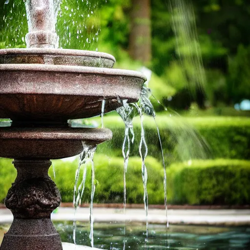 Prompt: photograph of fountain, feminine, beautiful, curvy, garden background, romantic, sensual, shallow depth of field, romantic lighting