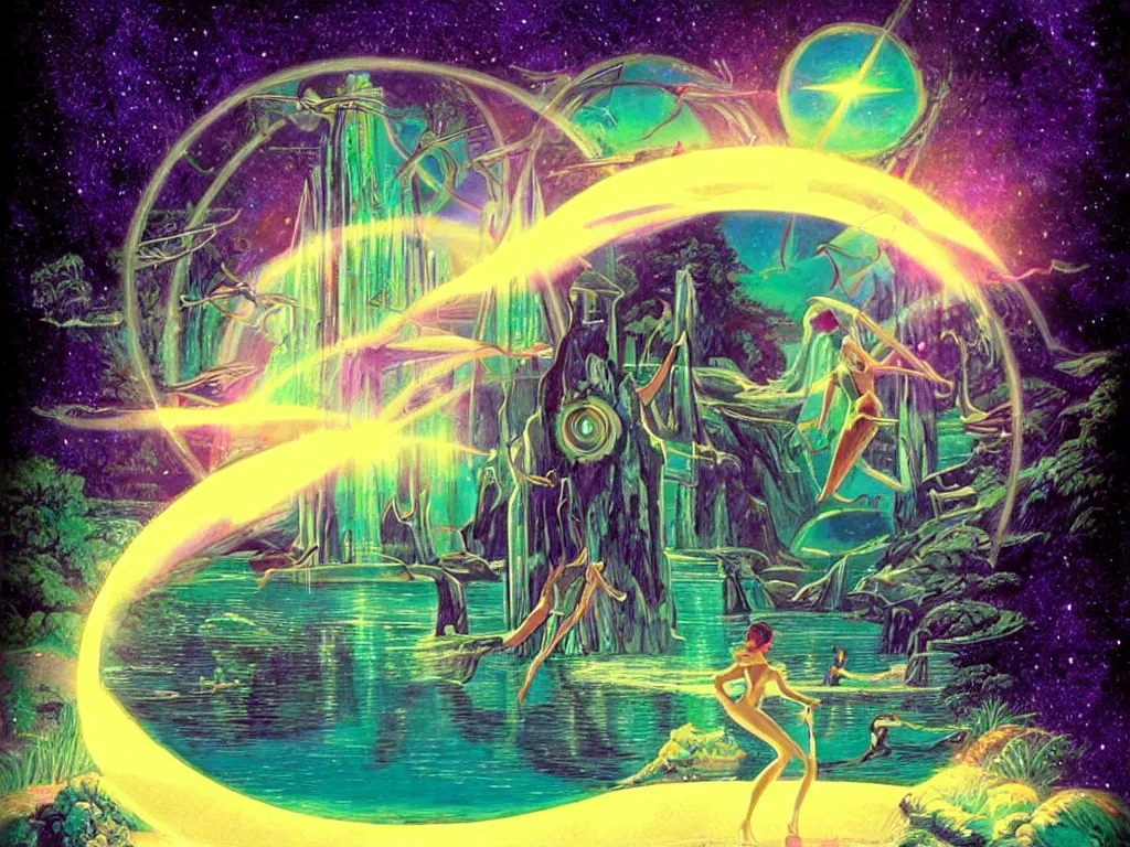 Image similar to artdeco illustration beautiful magical gleaming holographic portal to another world, in a lake, magical, ethereal, sci - fi,