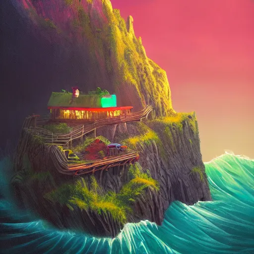 Image similar to a cozy colorful cabin carved into a mountain, view of the ocean, huge waves beneath, dramatic lighting, artstation, matte painting, raphael lacoste, simon stalenhag, frank lloyd wright, zaha hadid, drone view