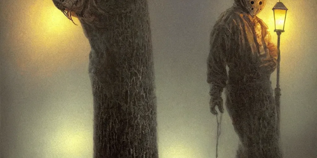 Prompt: hyper detailed beautiful portrait painting of jason voorhees standing ominously under a lamp post at night, thick fog, scary, by thomas kinkade