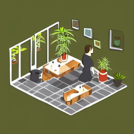 Image similar to hand - drawn minimalistic interior design of cannabis pot plant cafe, isometric, fun cute art