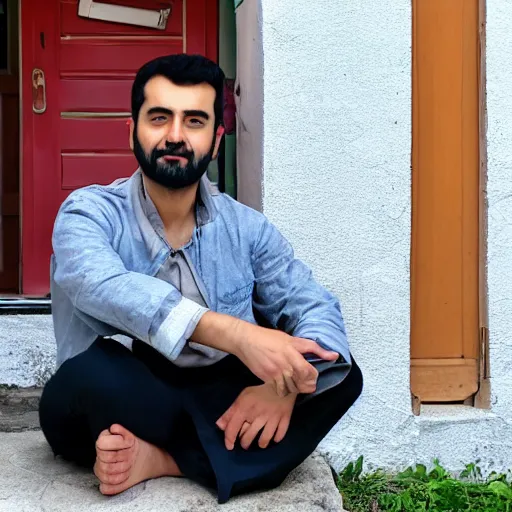 Prompt: sumeyye aydogan, duy beni serial, sitting on the porch holding a flower, in front of the house