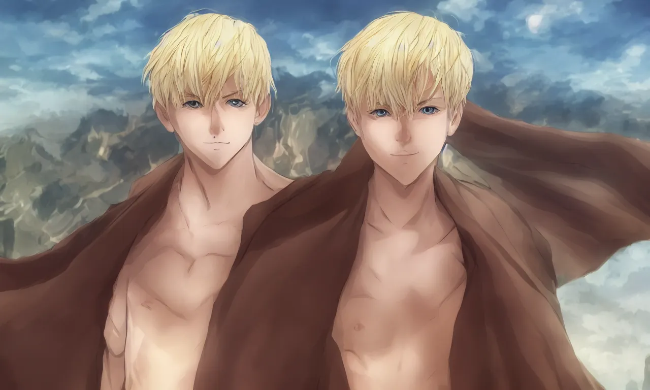 Prompt: blonde boy with golden eyes wearing a brown cape, anime screenshot, mappa studio artstyle, hyper realistic, pale skin, extreme detail, trending artstation, hd, fantasy, realistic lighting, sharp focus, backlit