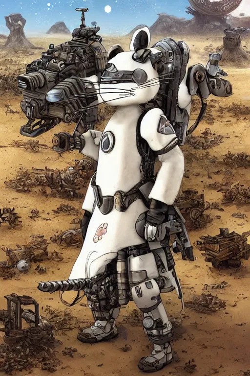 Image similar to anthropomorphic rodent with white and black ancestral ornate japanese tactical gear on an abandonment desert planet, high intricate details, long shot, rule of thirds, golden ratio, graphic novel by fiona staples and dustin nguyen, by beaststars and orange, peter elson, alan bean, studio ghibli, makoto shinkai