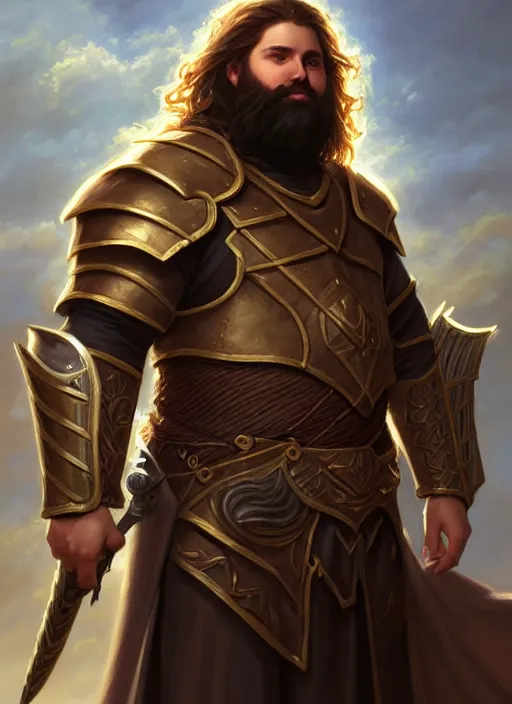 Image similar to a _ fantasy _ style _ portrait _ painting _ of light brown male paladin with long wavy brown hair chubby and beard, rpg dnd oil _ painting _ unreal _ 5 _ daz. _ rpg _ portrait _ extremely _ detailed _ artgerm _ greg _ rutkowski _ greg