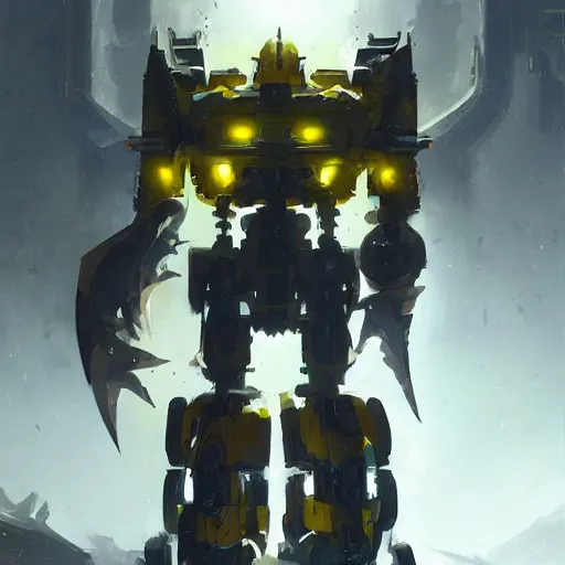 Image similar to yellow mecha with flat head and big sword and shield, Keetongu Bionicle, by Greg Rutkowski