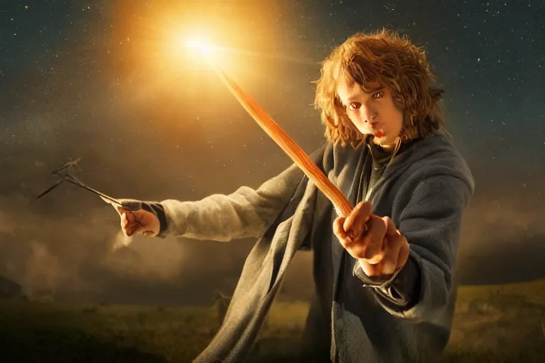 Image similar to a young adult wizard with very realistic face and hair points their wand from which a blast of bright magic flies from the end, on an empty moonlit hill, dramatic lighting, lens flare, cinematic photography