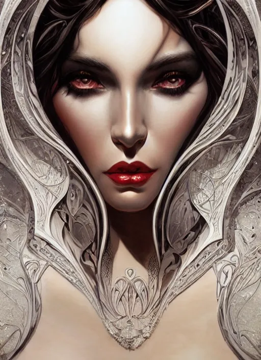 Image similar to a highly detailed symmetrical painting of a female fantasy seductive sensual dark mistress with piercing beautiful eyes, trending on artstation, deviantart, art by artgerm and karol bak and mark brooks