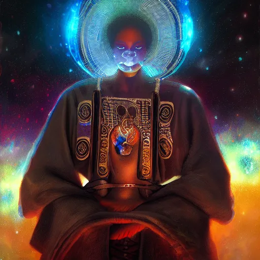 Image similar to afrofuturistic techno - mage uploading ancestral knowledge to the uni - mind interface, dark fantasy, occult, high - quality, surrealist oil painting, artstation