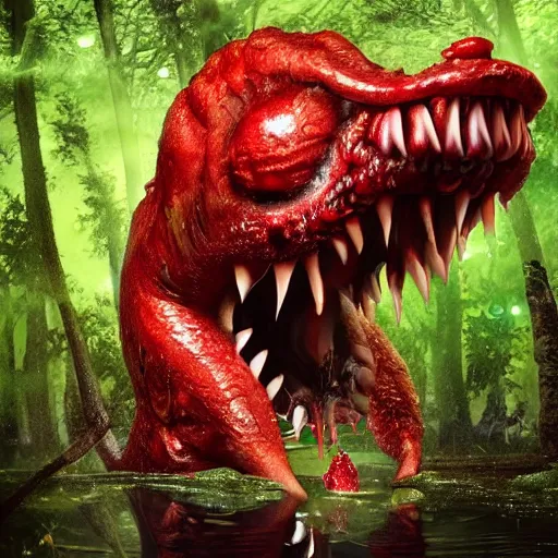 Image similar to a large slimy monster a with very long slimy tongue, dripping saliva, macro photo, fangs, red glowing skin, skin with scales, cinematic, tiny glowbugs everywhere, standing in shallow water, insanely detailed, dramatic lighting