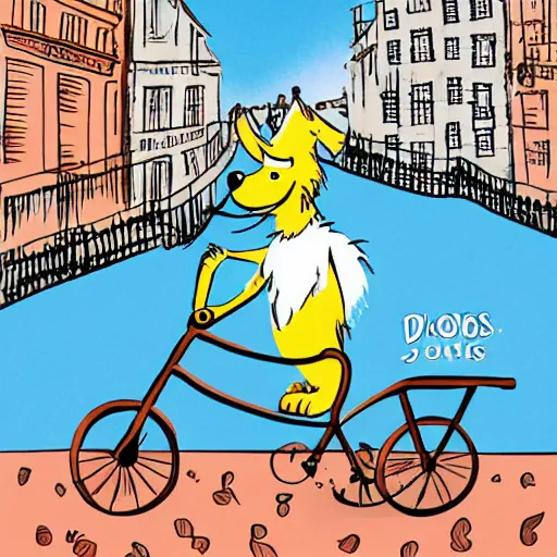 Prompt: illustration of a dog riding a bike in paris in the style of dr. seuss