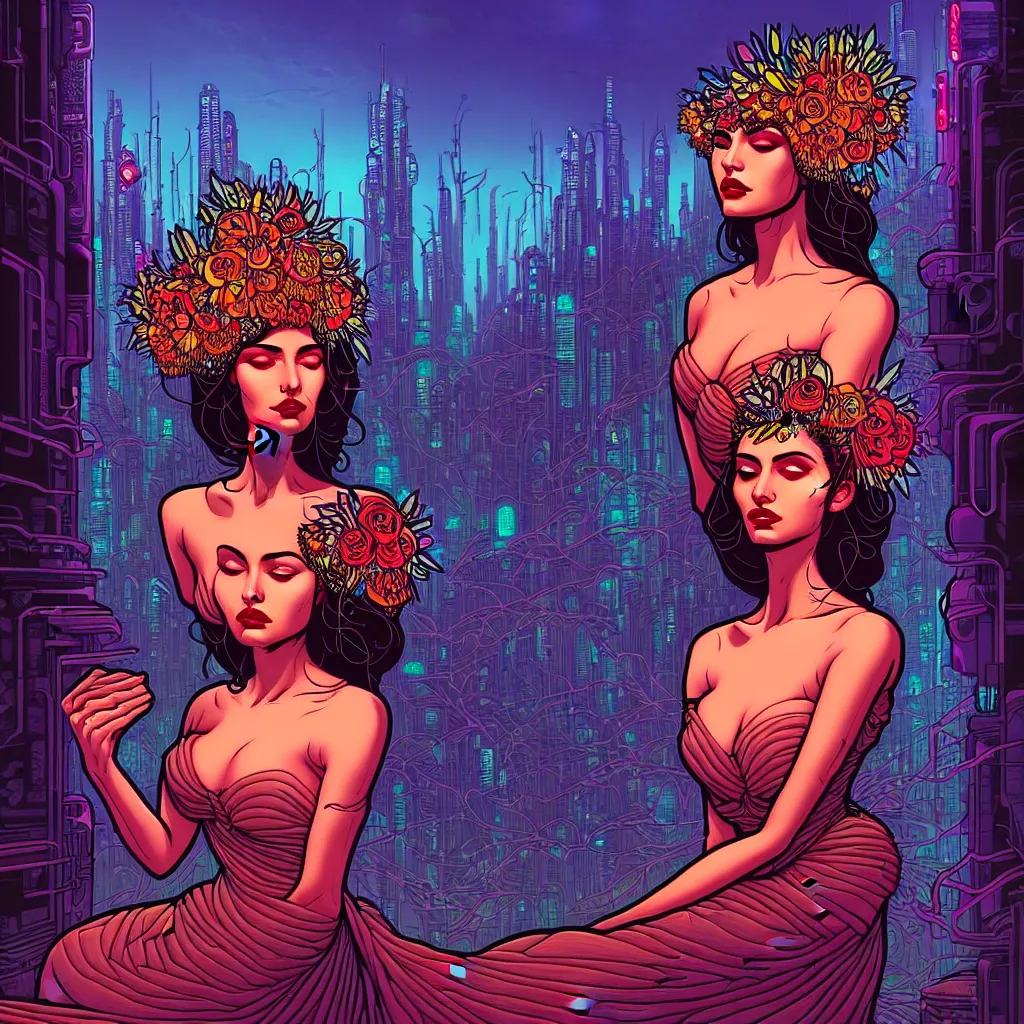 Prompt: Beautiful portrait of the flower queen in a sensual pose, in the style of Dan Mumford's artwork, with a futuristic cyberpunk city in the background.