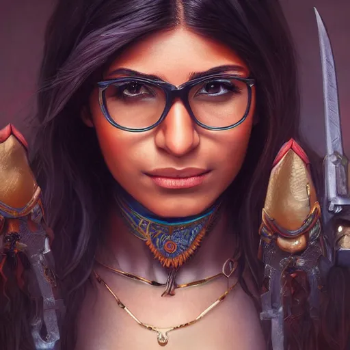 Prompt: mia khalifa fantasy warrior, intricate, highly detailed, digital painting, artstation, concept art, smooth, sharp focus, illustration, unreal engine 5, 8 k, art by artgerm and greg rutkowski and alphonse mucha