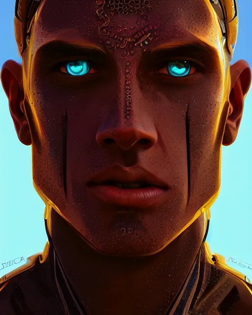 Prompt: portrait of a handsome symmetric cyborg, desert oasis background, ultra realistic, highly detailed, hd, sharp focus, cinematic lighting, realistic, photorealistic, vivid colors, painting, photograph, digital art, non blurry, sharp, artstation, concept art, smooth, illustration