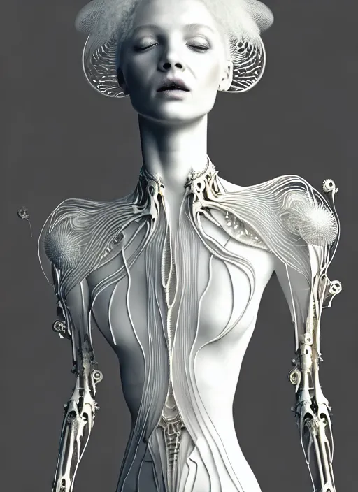 Image similar to dreamy soft luminous bw 3 d octane render, beautiful spiritual angelic biomechanical albino girl cyborg with a porcelain profile face, very long neck, rim light, big leaves and stems, roots, fine foliage lace, alexander mcqueen, art nouveau fashion embroidered collar, steampunk, silver filigree details, hexagonal mesh wire, mandelbrot fractal, elegant