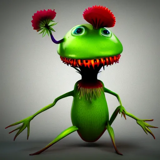 Prompt: cute anthropomorphic venus flytrap carniverous plant creature with leaf arms and legs and big eyes detailed character concept 3 d pixar style render 4 k