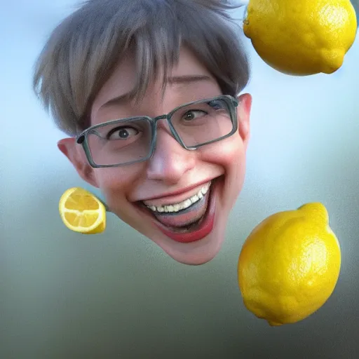 Image similar to a lemon in a back yard laughing happily at the mad scientists which are falling from the sky , made by Stanley Artgerm Lau, WLOP, Rossdraws, ArtStation, CGSociety, concept art, cgsociety, octane render, trending on artstation, artstationHD, artstationHQ, unreal engine, 4k, 8k,