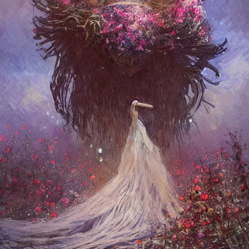 Image similar to a gigantic beautiful terrifying monster made of flowers looms over a tiny human. ethereal horror fantasy art by greg rutkowski and magali villanueve and monet