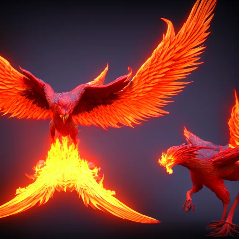 Image similar to phoenix with with flamimg wings, 3 d render, 3 d rendered, hdr, unreal engine 5, ray tracing, dynamic lighting, flame colors, black gradient background, high detail,