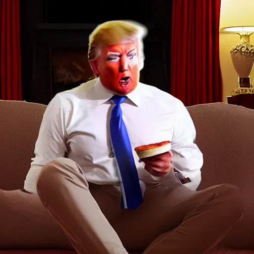 Image similar to Donald Trump sitting on the couch eating a pepperoni pizza