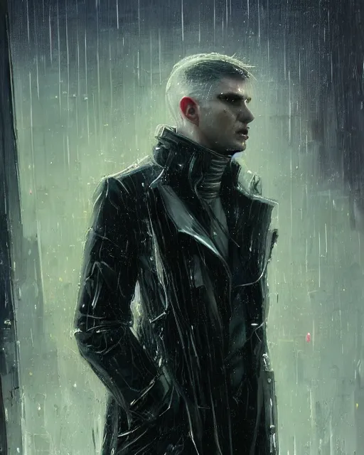 Image similar to detailed portrait bladerunner movie scene European Pretty Young Girl Storm Rain movie Jacket coat, Futuristic sci-fi fashion, royal attire by ismail inceoglu dragan bibin hans thoma greg rutkowski Alexandros Pyromallis Nekro Rene Margitte illustrated Perfect face, sharp chine, fine details, realistic shaded, fine-face, pretty face cyberpunk, neotokyo, synthwave, aesthetics, futuristic, low-emission-neon