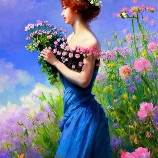 Image similar to a portrait of a romantic woman with flowers grow out of hair, roses peonies forget-me-nots dahlias lupins gladioli, sky theme in background, by Alexandr Averin, Digital Art, Trending on artstation