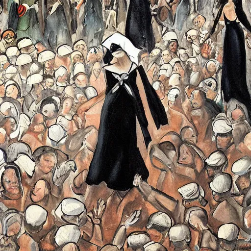 Prompt: dramatic painting of palestine woman in black dress over a crowd