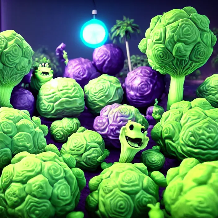 Image similar to high quality 3 d render very cute cabbages party! highly detailed, unreal engine cinematic smooth, moody purple glow light, low angle, uhd 8 k, sharp focus