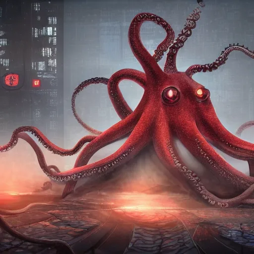 Image similar to Illustration of the Chinese communist party as a dirty octopus with lots of tentacles, dystopian, dirty, cyberpunk, cgsociety, highly detailed, 8k