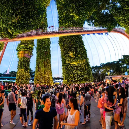 Prompt: large group of people partying at garden by the bay in Singapore, photorealistic, ultra-detailed, high resolution