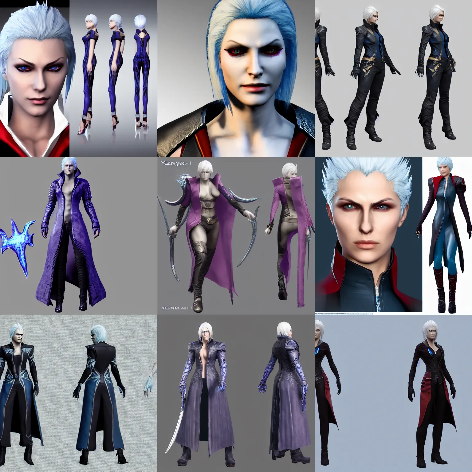 Prompt: Render of Vergil from the game Devil May Cry as a woman, highly detailed, trending on artstation, unreal engine 4k, character design sheet