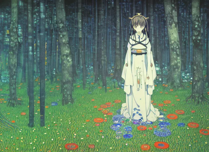 Prompt: the priestess in the forest, mysticism, digital, concept art, Kyoto animation,last exile, blue submarine no. 6, katsura masakazu,tsutomu nihei, gustav klimt,loish, murata range, kawaii, studio lighting, manga, bright colors, anime,, beautiful, 35mm lens,noir, vibrant high contrast, gradation, jean giraud, moebius, fantasy, rule of thirds, unreal engine, fibonacci, intricate, cel shaded, blender npr, flat, matte print, smooth, Ilya Kuvshinov