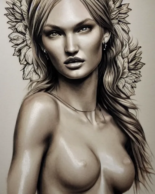 Image similar to realism tattoo sketch of candice swanepoel as a beautiful greek goddess aphrodite with piercing eyes wearing a laurel wreath and triangle earrings, in the style of greg rutkowski, amazing detail