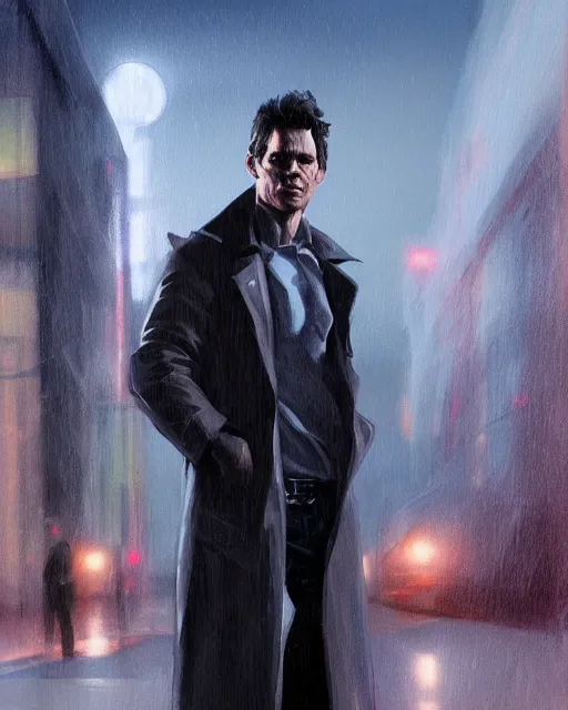 Prompt: portrait of james marsden, trench coat, stormy night, urban city scenery, moonlight, photorealism, jesper ejsing, artstation, volumetric lighting