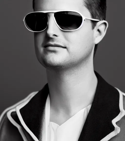 Prompt: detailed attractive characther portrait of evan spiegel wearing oversized nilon white luxury jacket and wearing sunglasses, realistic, wide angle, dramatic light 8 k