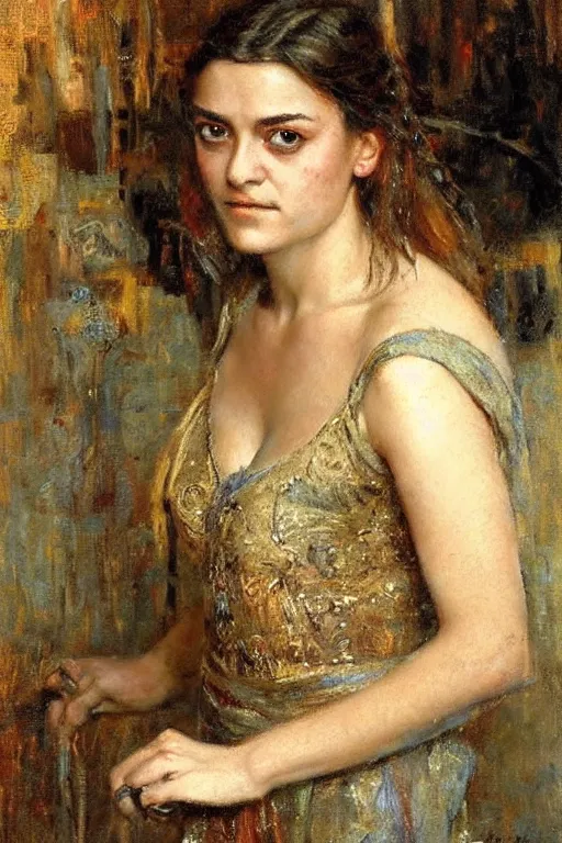 Image similar to portrait of arya stark. art by gaston bussiere.