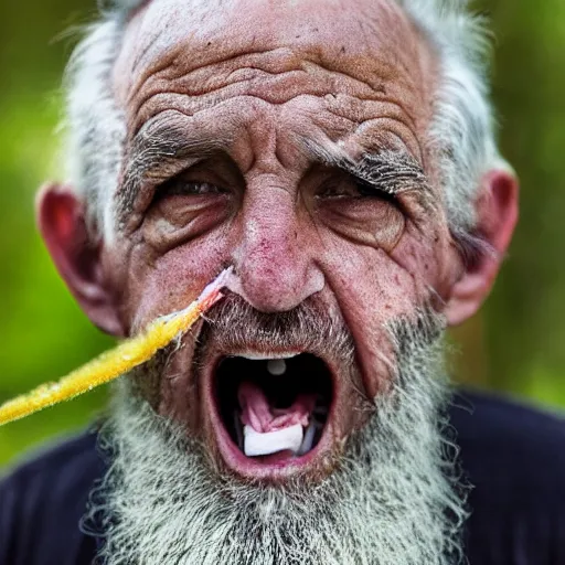 Image similar to National Geographic photo of angry old man with spiders in his mouth