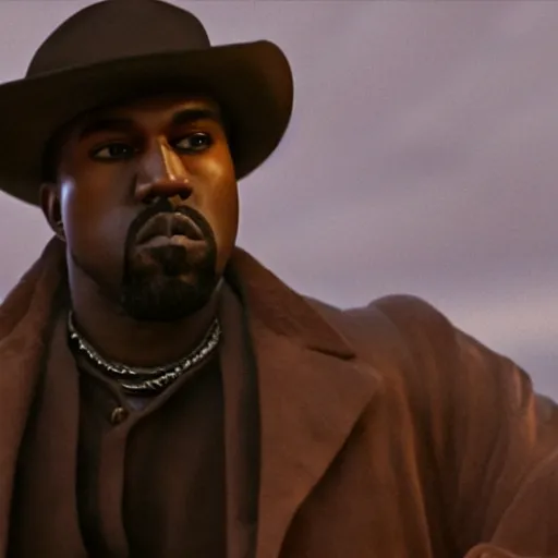 Image similar to Kanye West as Django in 'Django Unchained', splash art, movie still, cinematic lighting, detailed face, dramatic, octane render, long lens, shallow depth of field, bokeh, anamorphic lens flare, 8k, hyper detailed, 35mm film grain