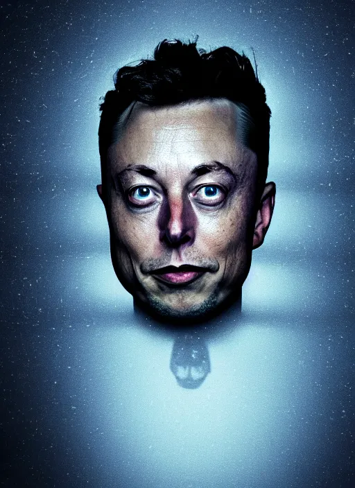 Image similar to dark photo of dark blue rainy bedroom window at night, dimly lit creepy face of elon musk staring in through the window, horror, scary face,