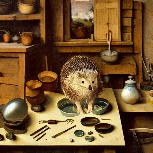 Prompt: painting of a hedgehog on a table in a ceramic workshop, surrounded by ceramicists tools and unfinished bowls, oil painting, northern renaissance art, oil on canvas, wet - on - wet technique, realistic, expressive emotions, intricate textures, illusionistic detail