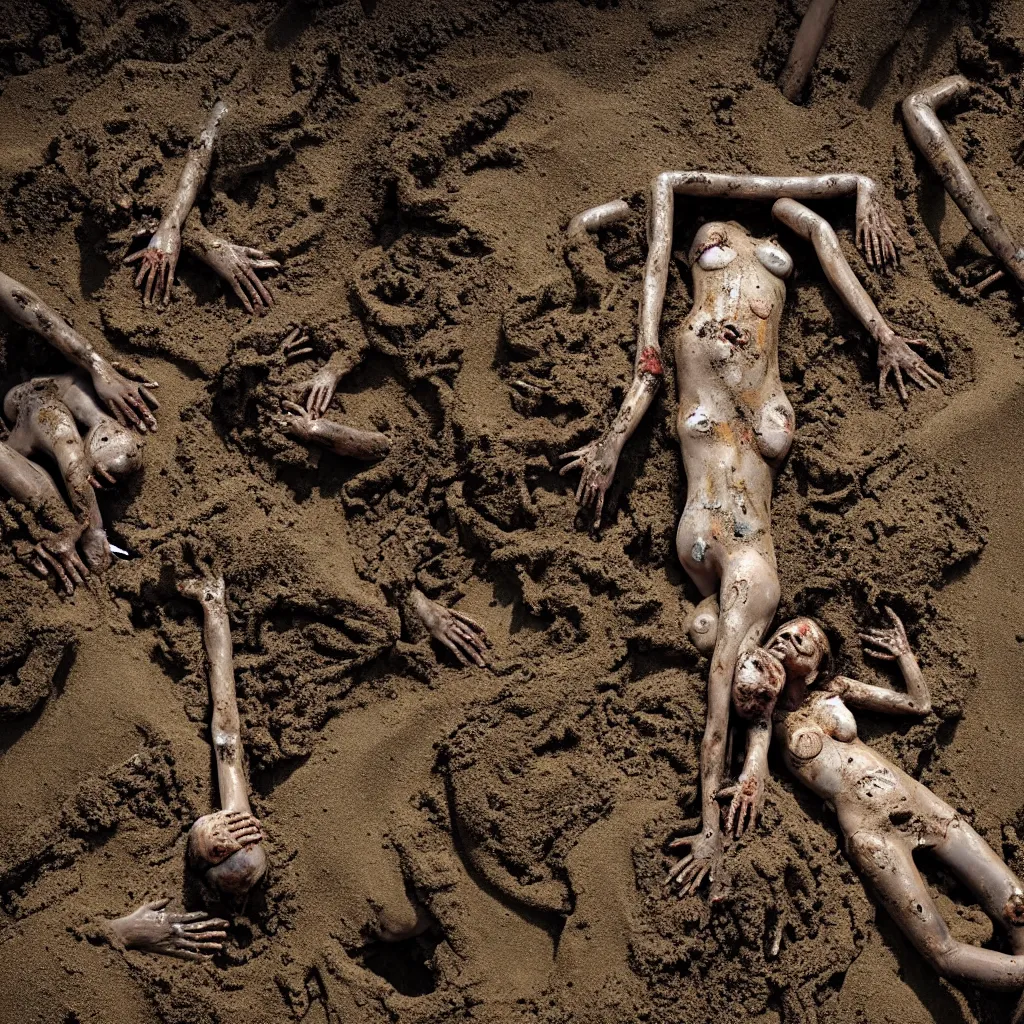 Prompt: overhead view a woman's corpse and a baby buried under sand, mud and rusty pipes, faded, depth of field,, ultra realistic, very detailed, by nadav kander, 8 k hyper realistic detailed cinematic still