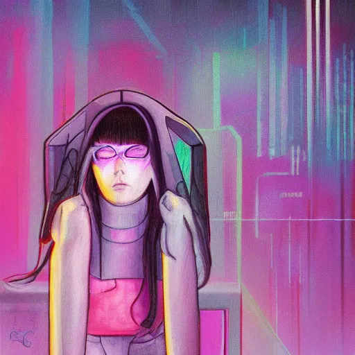 Prompt: sadness, no people, cyberpunk, pastel colors, painting