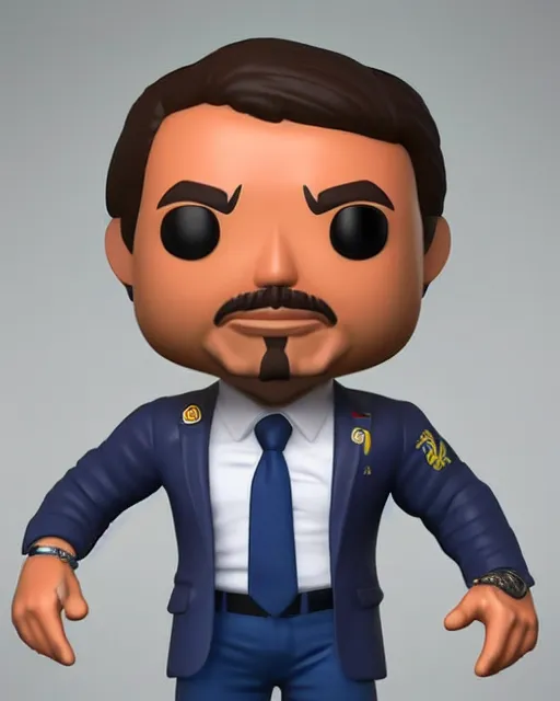 Image similar to full body 3d render of Jair Messias Bolsonaro as a funko pop, studio lighting, white background, blender, trending on artstation, 8k, highly detailed