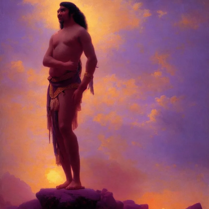 Image similar to handsome navaho god in a loincloth, posing against a royal purple backdrop by ivan aivazovsky, oil painting, beautiful soft lighting, saturated colours, artstation