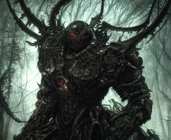 Image similar to 5 5 mm close up portrait photo of an armored biomechanical demonic superman looking at the camera, in a magical forest. dark atmosphere. art by greg rutkowski and luis royo. highly detailed 8 k. intricate. lifelike. soft light. nikon d 8 5 0.