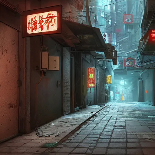 Image similar to a narrow alley with a sign in the middle of it, cyberpunk art by pan tianshou, cgsociety contest winner, shin hanga, unreal engine 5, rendered in unreal engine, world captured through photogrammetry and dissolved with real - time vfx art by ruben fro