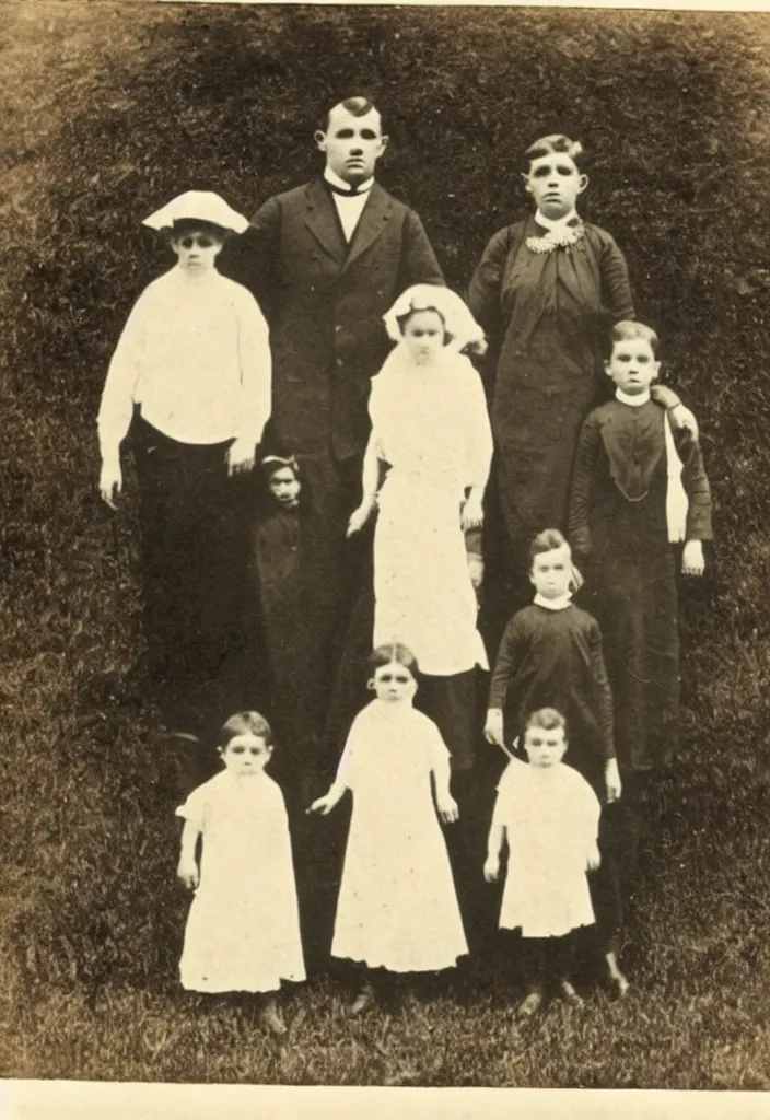 Image similar to photo taken in the 1 9 1 0's, full body view, family pictures with ghost children semi - visible