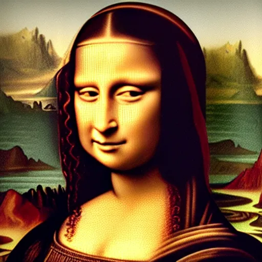 Prompt: the mona lisa with headphones and a phone listening to Lana del rey, photorealistic, high detail