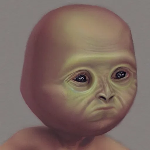 Prompt: realistic portrait of alien baby that is ashamed